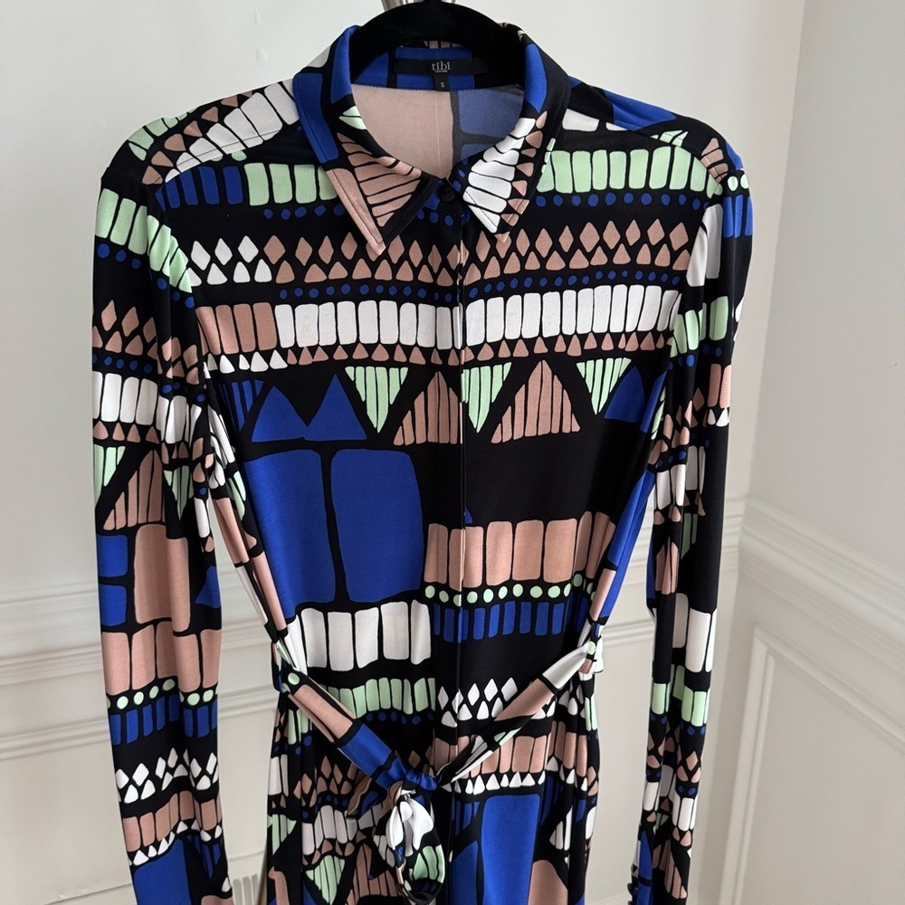 Tibi Long Sleeve Abstract Blue, Black, White Midi Dress Size Small - Picture 2 of 4